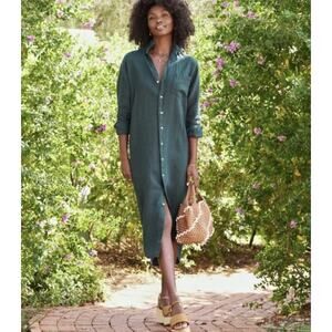 Frank & Eileen Rory Washed Linen Maxi Shirtdress In Forest Green